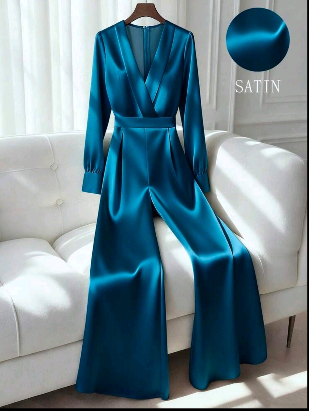 Elegant Teal Satin Wide-Leg Jumpsuit